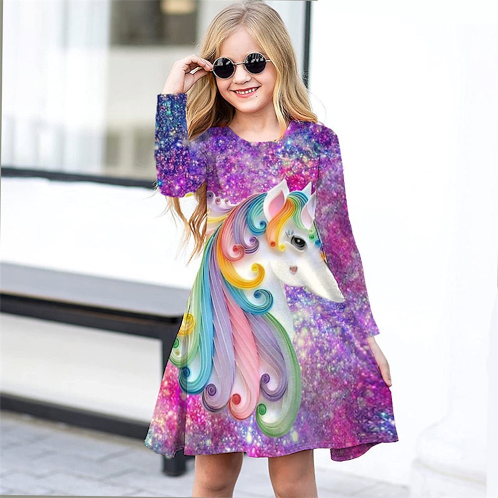 Mädchen' 3D Tier Einhorn Kleid Langarm 3D-Druck Frühling Herbst Urlaub Täglich Festtage Kuschelig Brautkleider schlicht Süß kinderkleidung 3-12 Jahre A Linie Kleid Übers Knie Regular Fit Lightinthebox