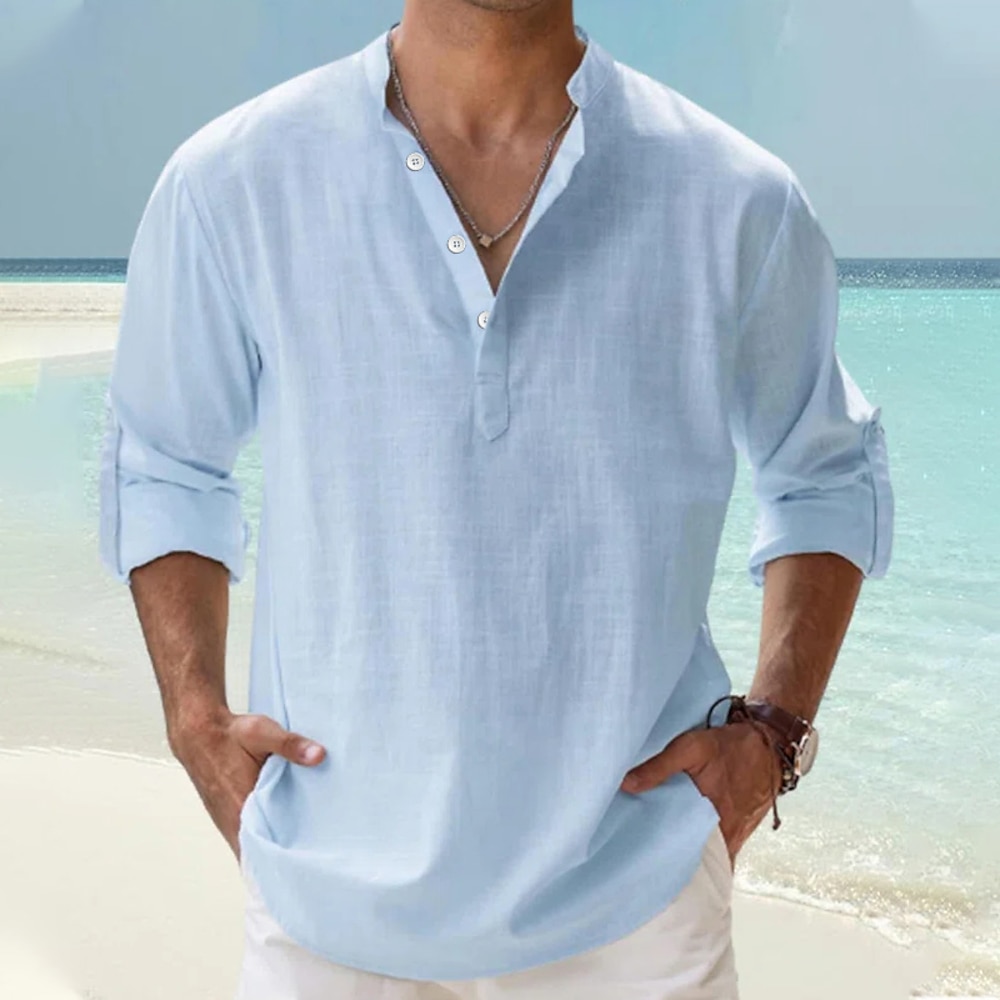 Herren leinenhemd Hemd mit Stehkragen Popover-Shirt Lässiges Hemd Strandhemd Glatt Hawaiianisch Festtage Schwarz Weiß Rosa Blau Langarm Henley Frühling Sommer Bekleidung Lightinthebox