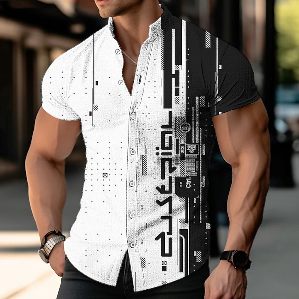 Herren Geometrische Muster Geometrie Hemd leinenhemd Kurzarm Modisch Designer Brautkleider schlicht Outdoor Casual Sommer Frühling Umlegekragen Bedruckt Schwarz Grün Lightinthebox