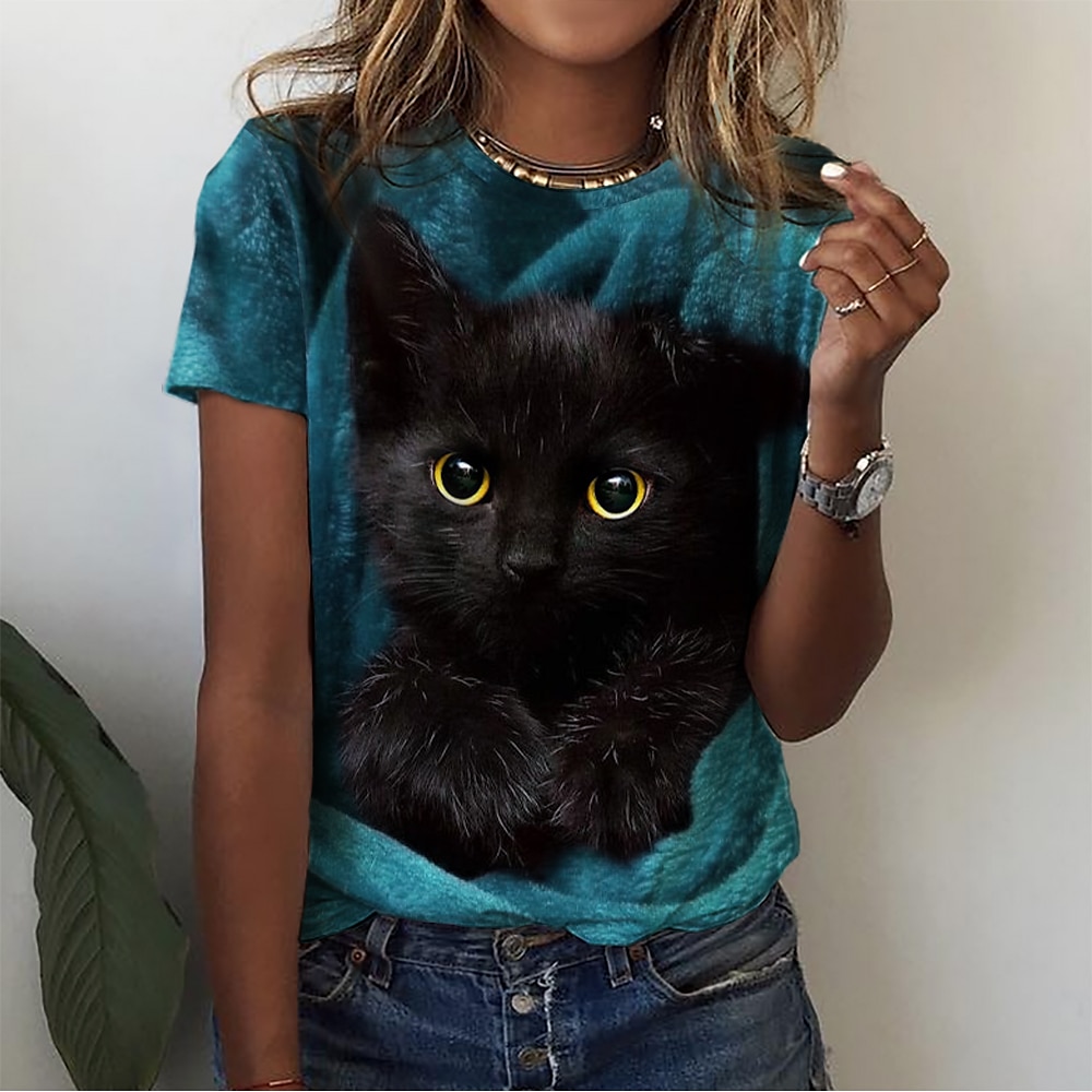 Damen T-Shirt Basic Katzen-Print Kurzarm Normale Oberteile Rundhalsausschnitt Alltag Wochenende Rot Blau Lila Grün Grau Lightinthebox