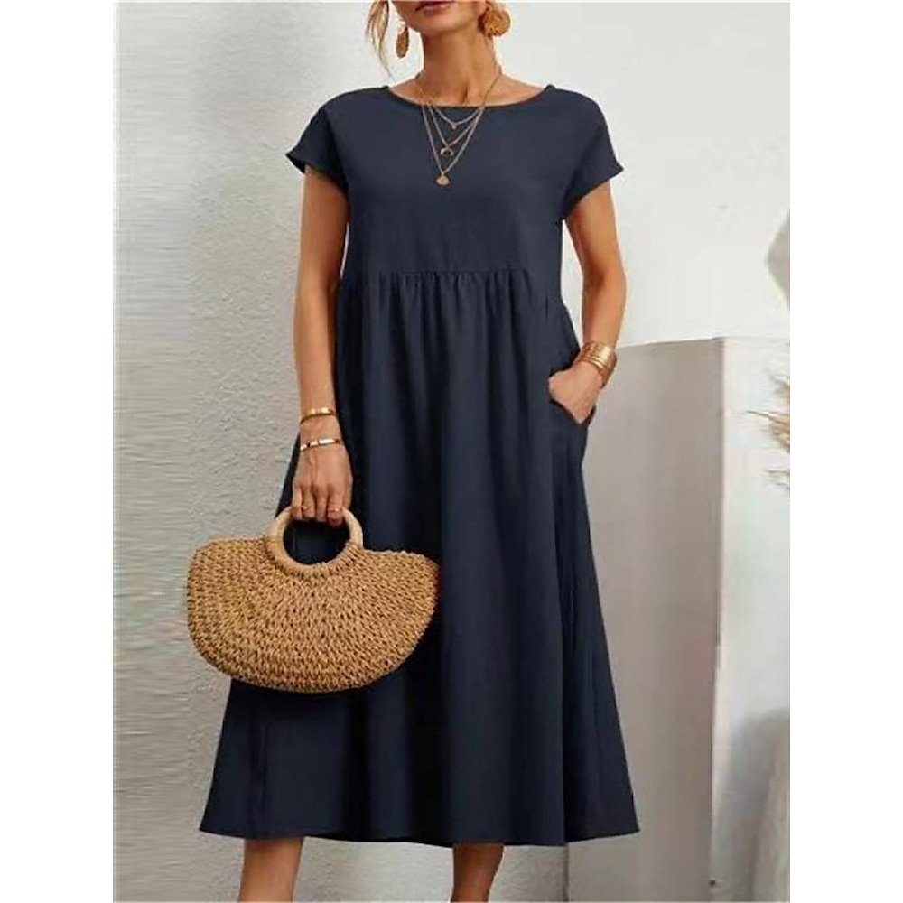 Damen Casual kleid Sommerkleid aus Baumwolle Midikleid Leinen Tasche Basic Klassisch Täglich Rundhalsausschnitt Kurzarm Sommer Frühling Armeegrün Schwarz Glatt Lightinthebox