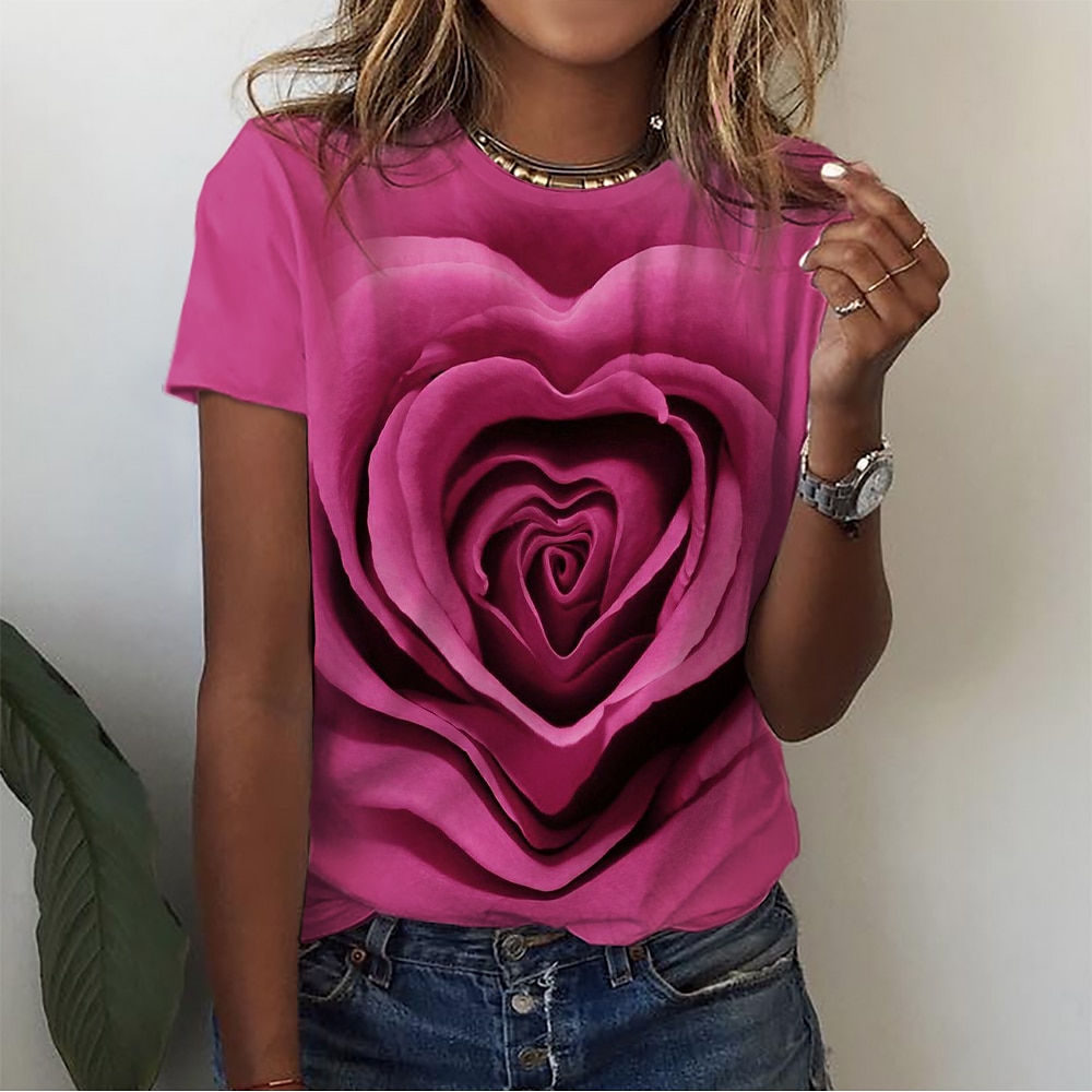 Damen-T-Shirt mit Valentinstags-Rose, Basic-Rose, normale Oberteile, kurzärmlig, Rundhalsausschnitt, Druck, normale Passform, Urlaub, Wochenende, rosa, blau, lila, grün Lightinthebox