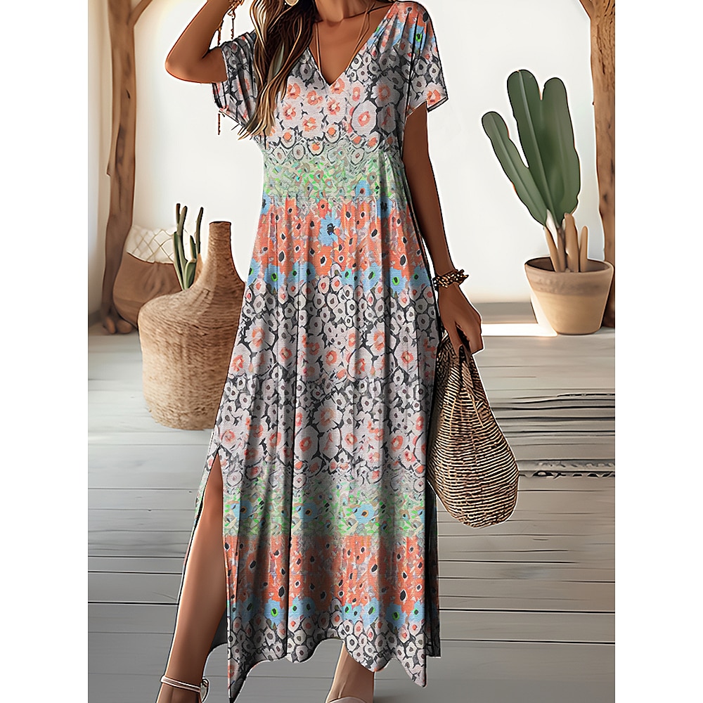 Damen Maxikleid mit Blumenmuster, Blumenmuster, geteilter Druck, V-Ausschnitt, langes Kleid für den Alltag, Urlaub, kurze Ärmel, Sommer, Frühling Lightinthebox