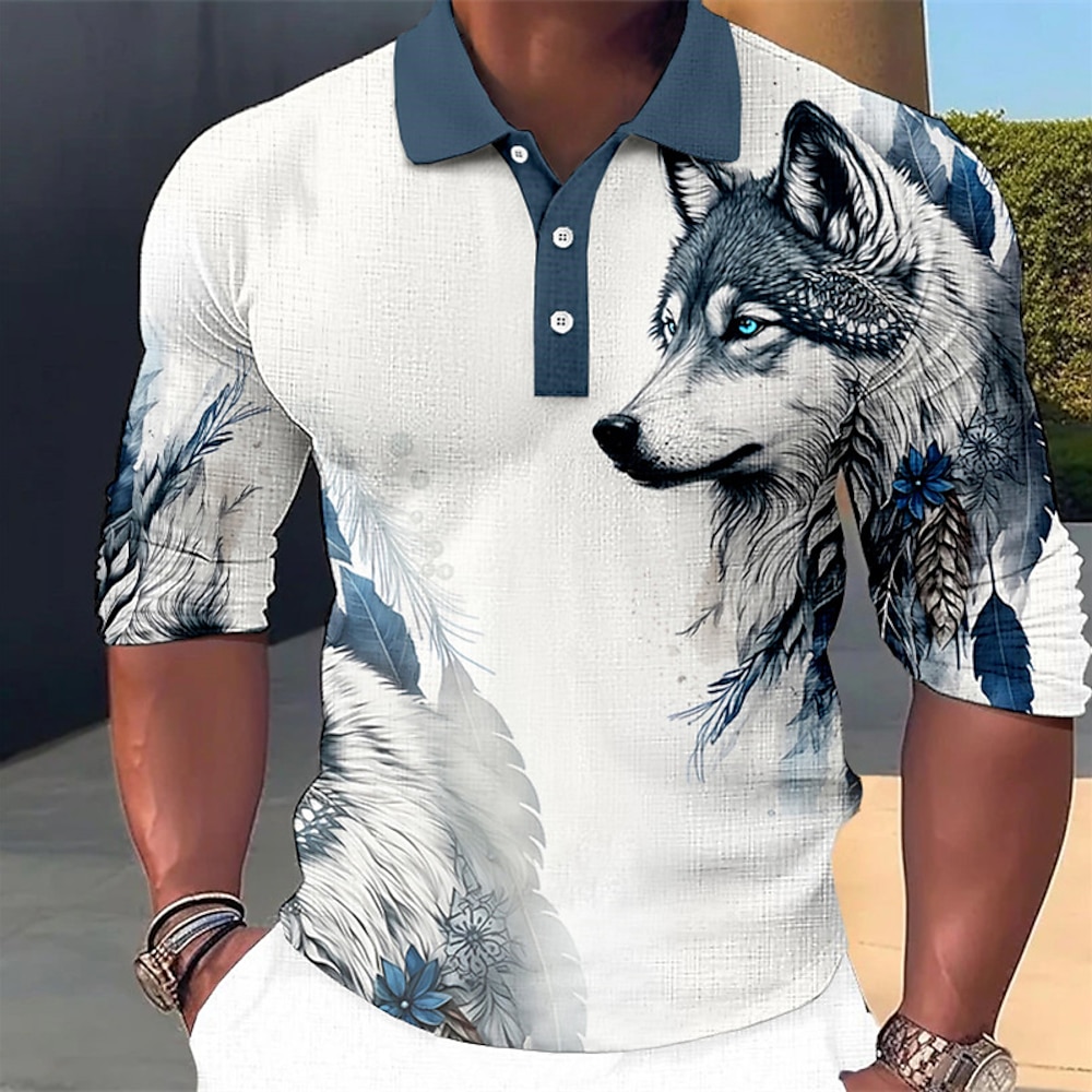 Herren Wolf Poloshirts Golfhemd Langarm Polo-Shirts Hemden mit Kragen Brautkleider schlicht Lustig Strassenmode Urlaubskleidung Party-Outfits Knopf 3D-Druck Blau-Grün Rote Blau Lightinthebox