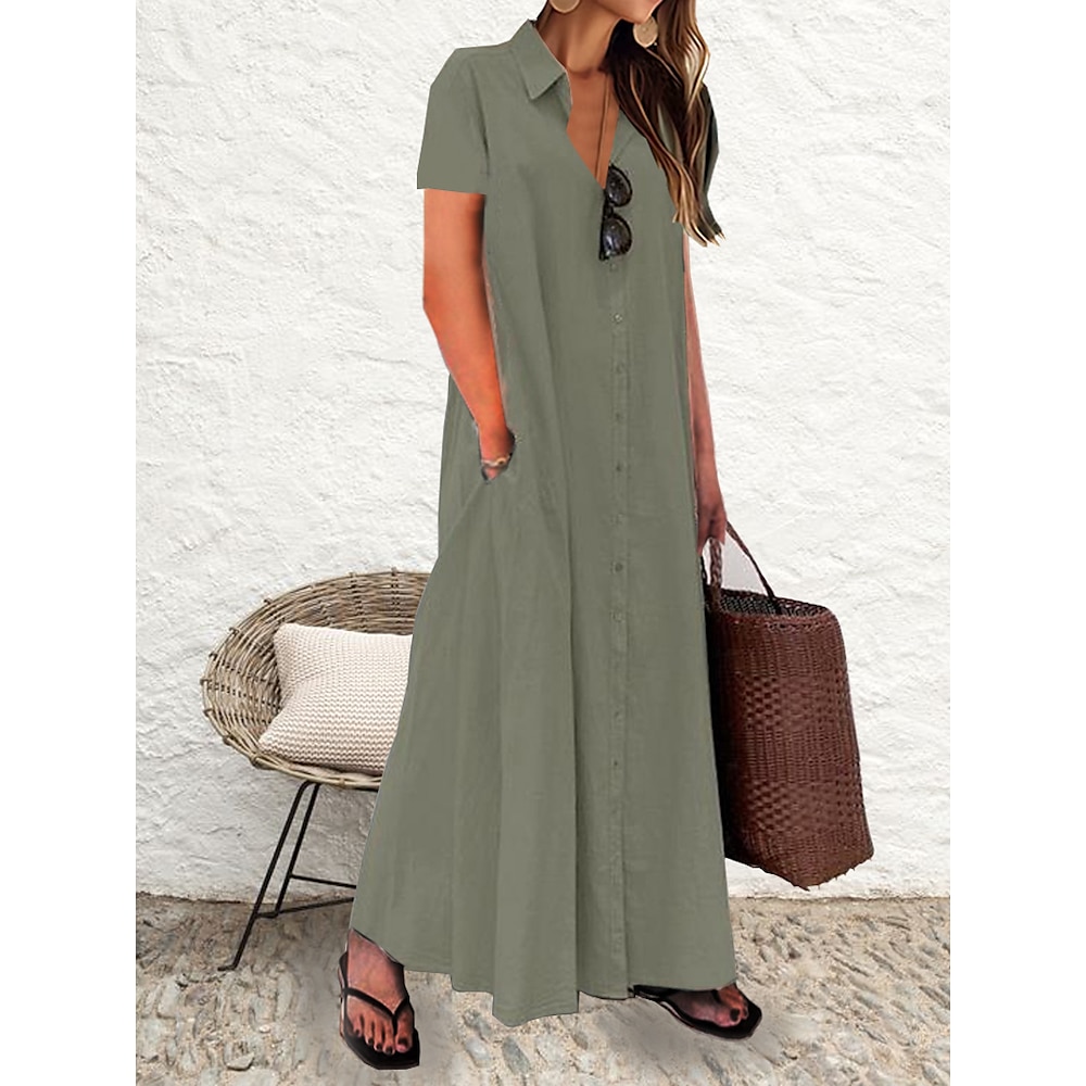 Damen blusenkleid Casual kleid Sommerkleid aus Baumwolle Maxidress Baumwolle Leinen Taste Tasche Brautkleider schlicht Täglich Urlaub Hemdkragen Kurzarm Sommer Frühling Schwarz Wein Glatt Lightinthebox