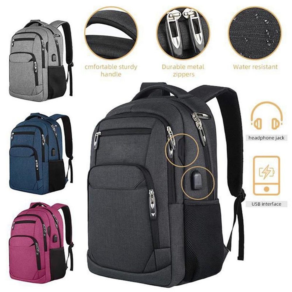 Klassischer, diebstahlsicherer, wasserdichter Laptop-Rucksack für Herren und Damen mit USB-Ladeanschluss, für Reisen, Business, langlebige Computertasche, Schulrucksack, geeignet als Geschenk, Lightinthebox