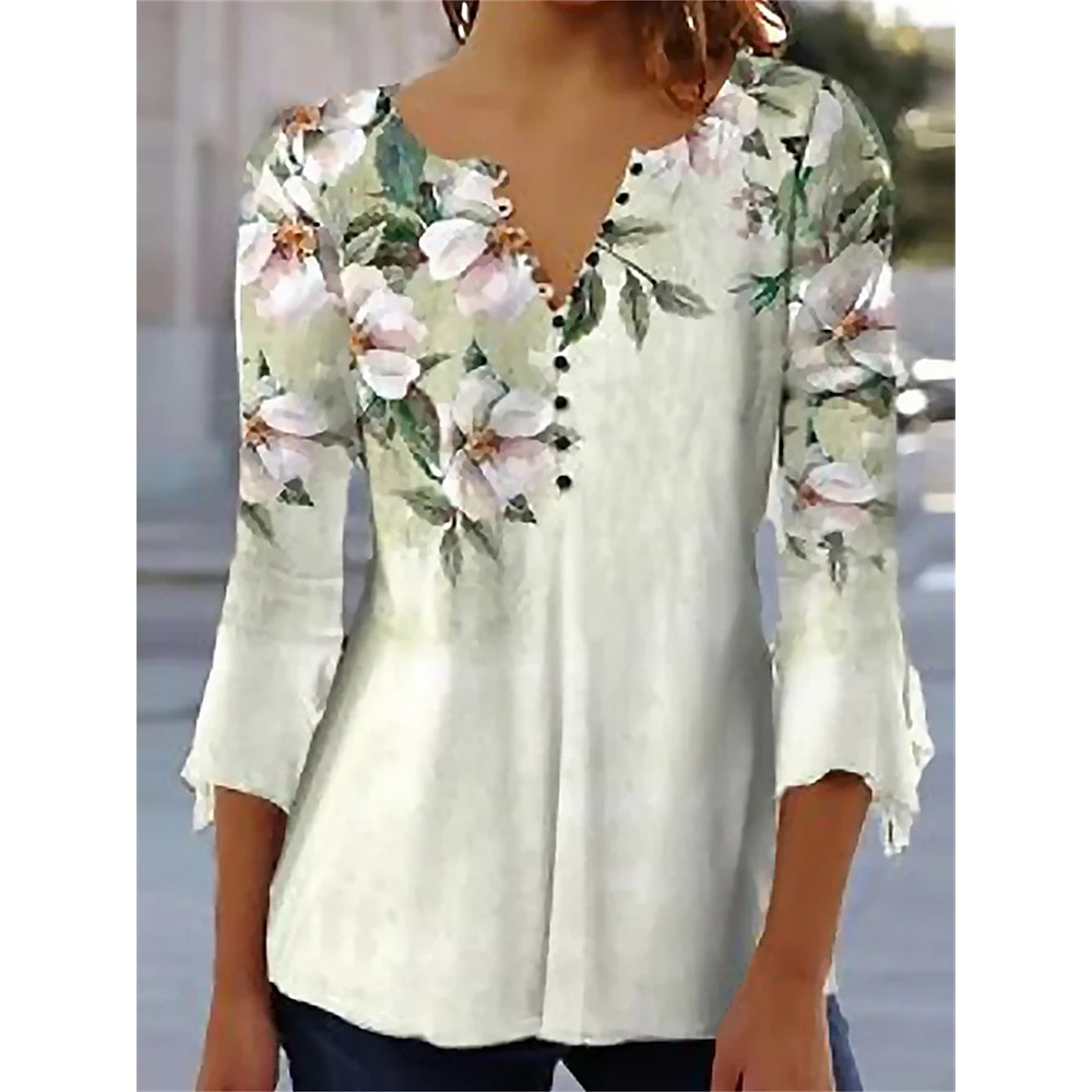 Damen T-Shirt Täglich Basic Blumenmuster 3/4 Länge Ärmel Regelmäßige Tops Rundhalsausschnitt Lässig Urlaub Grün Herbst Winter Lightinthebox