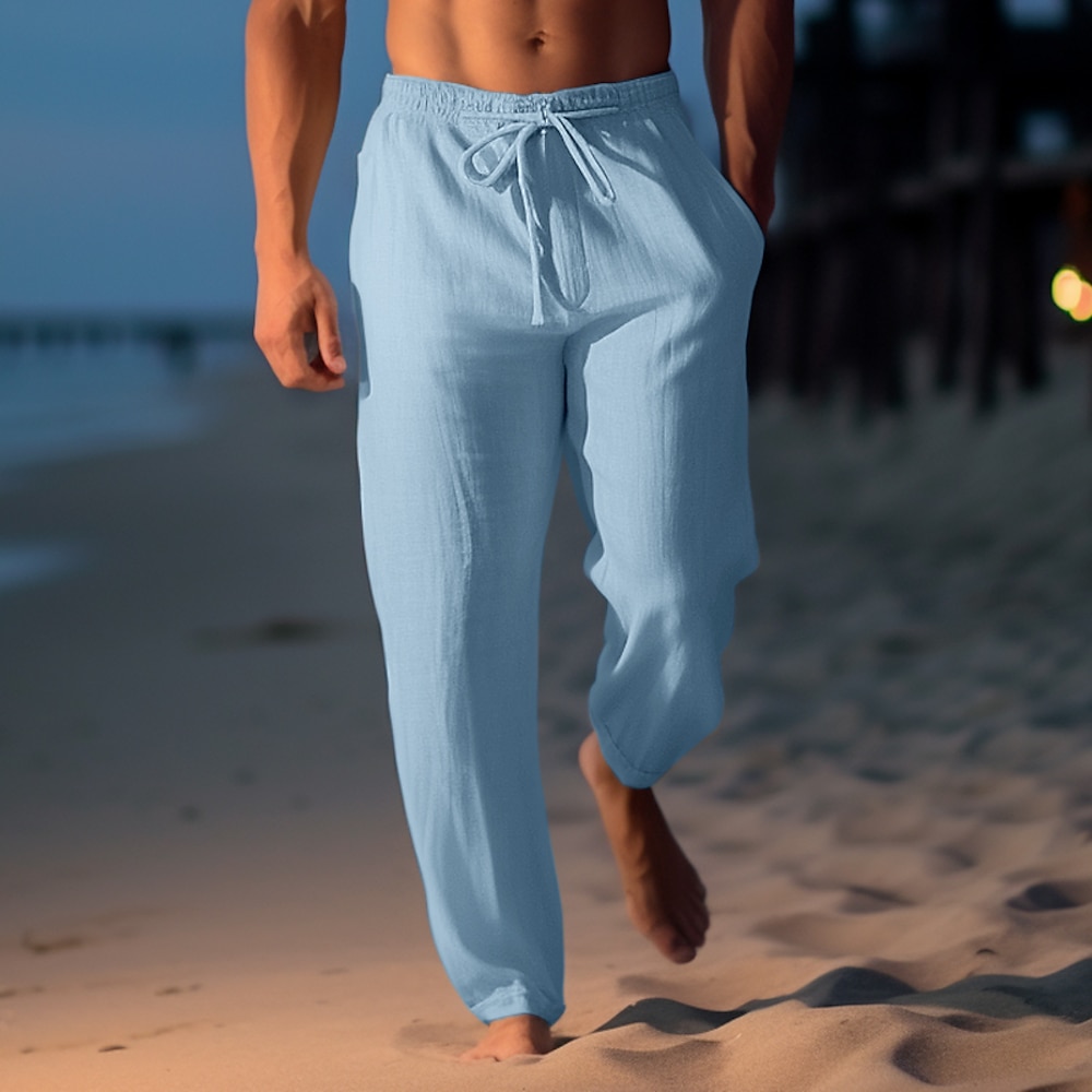 Herren Leinenhose Hose Hosen Sommerhosen Strandhose Kordelzug Elastische Taille Gerade geschnitten Glatt Komfort Atmungsaktiv Casual Täglich Festtage Modisch Klassicher Stil Hellkaki Schwarz Lightinthebox