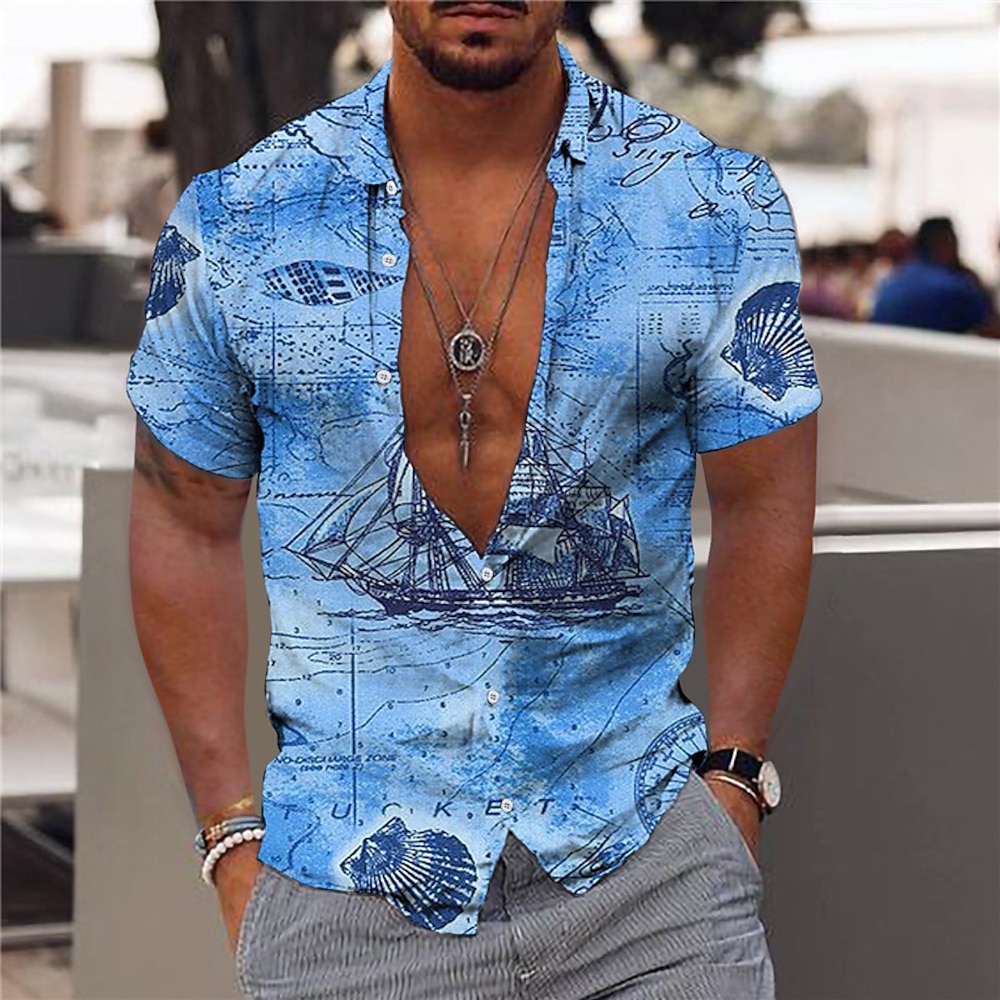 Herren Hawaiian Aloha Nautisch Hemd Sommerhemd Hawaiihemd Sommerhemd Kurzarm Modisch Designer Brautkleider schlicht Outdoor Casual Festtage Sommer Frühling Umlegekragen Bedruckt Button-Down Rote Blau Lightinthebox