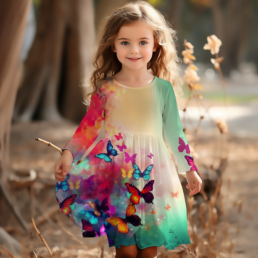 Mädchen' 3D Graphic Schmetterling Kleid Langarm 3D-Druck Sommer Frühling Herbst Urlaub Sport Natur Täglich Kuschelig Brautkleider schlicht Schön kinderkleidung 3-12 Jahre Casual kleid A Linie Kleid Lightinthebox