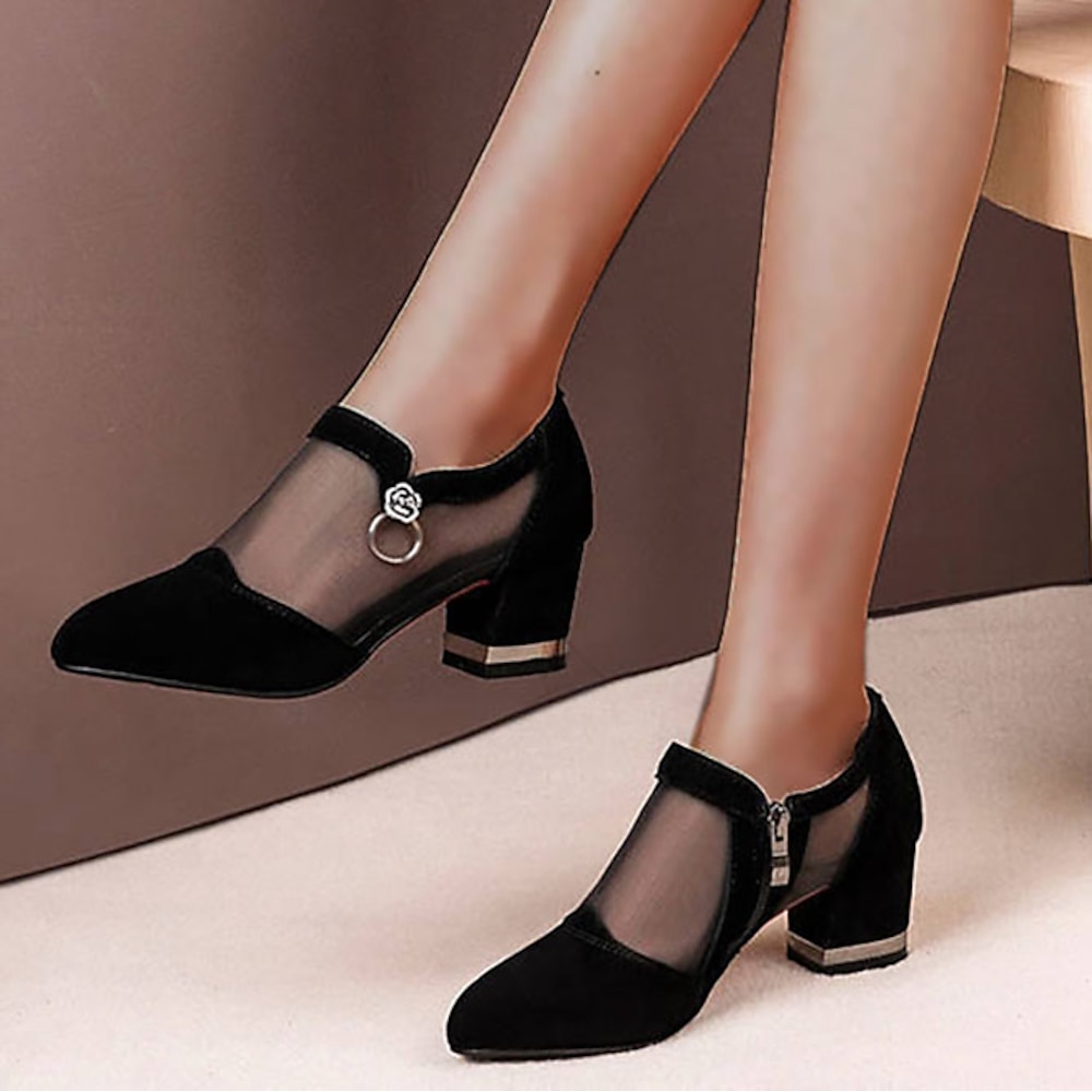 Abendschuhe für Damen mit Netzeinsatz und dickem Absatz - elegante schwarze Pumps mit Reißverschluss und Ringdetail Lightinthebox