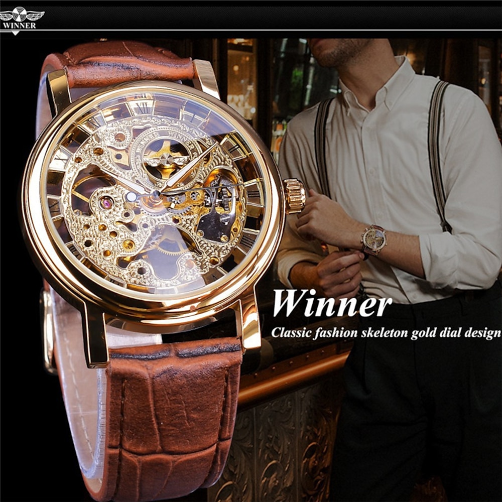 WINNER Damen Herren Mechanische Uhr Luxus Großes Ziffernblatt Modisch Geschäftlich Skelett Automatikaufzug WASSERDICHT Dekoration Leder Beobachten Lightinthebox