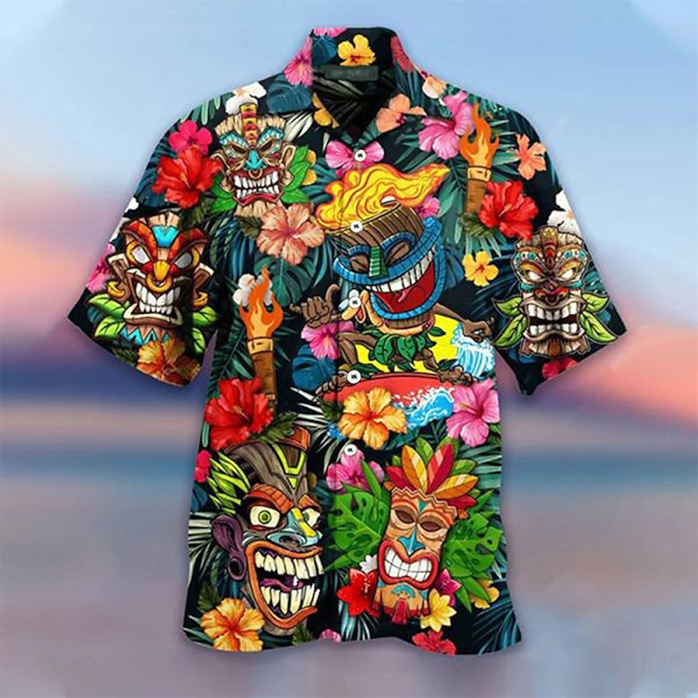 Herren Karikatur Maske Tropische Pflanzen Hawaiihemd Sommerhemd Camp-Shirt Grafik-Shirt Kurzarm Hemd Umlegekragen Modisch Hawaiianisch Designer Outdoor Strasse Casual Gelb Rote Blau S M L Lightinthebox