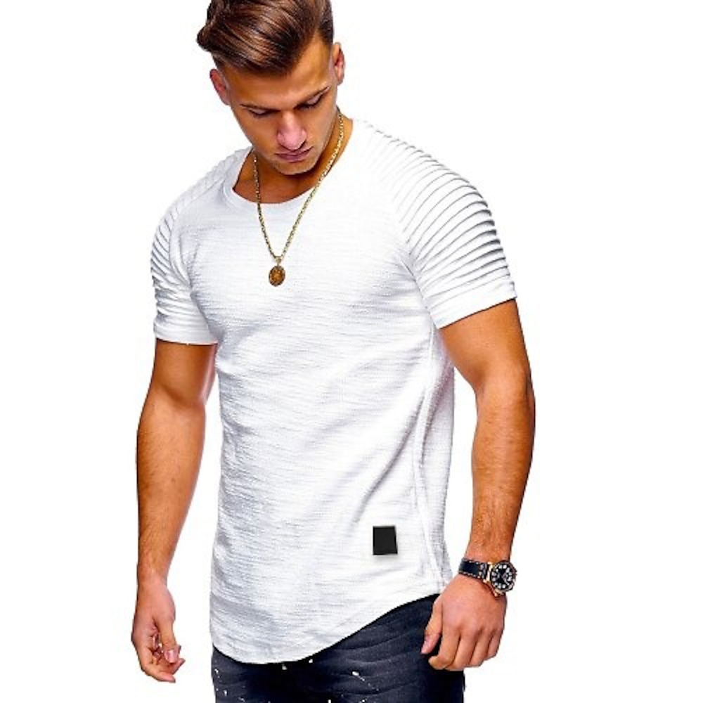 Herren T Shirt Hemd Tee Glatt Geometrisch Schlankes Plissee Rundhalsausschnitt Übergröße Sport Kurzarm Plissee-Ärmel Asymmetrisch Bekleidung Militär Muskel Schmaler Schnitt Trainieren Lightinthebox