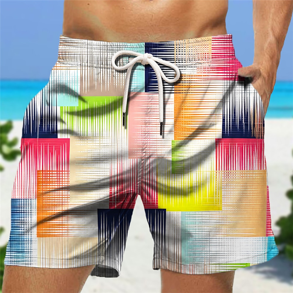 Herren Farbblock Streifen Patchwork Badeshorts Boardshorts Badeshorts Badehose Schwimmshorts Mittlere Taillenlinie Hawaiianisch Boho Casual Täglich Festtage Kordelzug mit Mesh-Futter Elastische Taille Lightinthebox