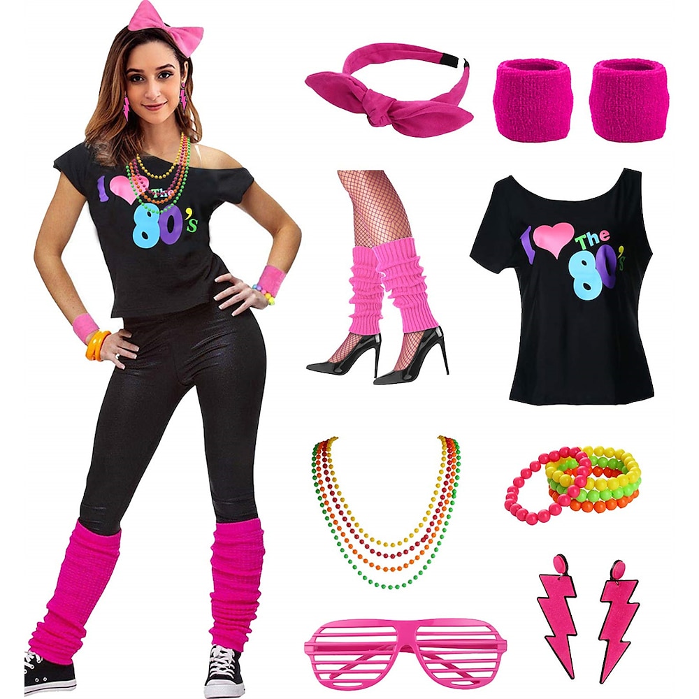 Retro Vintage Disko 1980er Outfits Zubehör Schulterfreies T-Shirt Ich liebe die 80er Damen Maskerade Party / Abend Junggesellinnenabschiedsparty Erwachsene Kostüm Lightinthebox