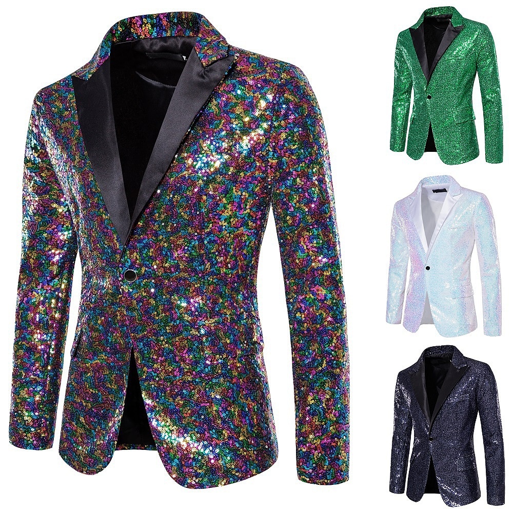 Herren Blazer Sakko Leistung Party / Cocktail Für den Ballsaal Vintage 1980er Sommer Frühling Polyester Pailletten Feste Farbe Einreiher - 1 Knopf Blazer Silber Weiß Dunkelmarine Grün Lightinthebox