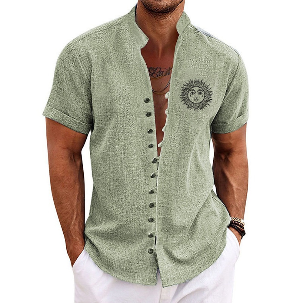 Herren Sonne Vintage Hemd Kurzarm Modisch Strassenmode Designer Outdoor Täglich Urlaub Sommer Frühling Ständer Bedruckt Blau Grün Khaki Grau Leicht Blau Lightinthebox