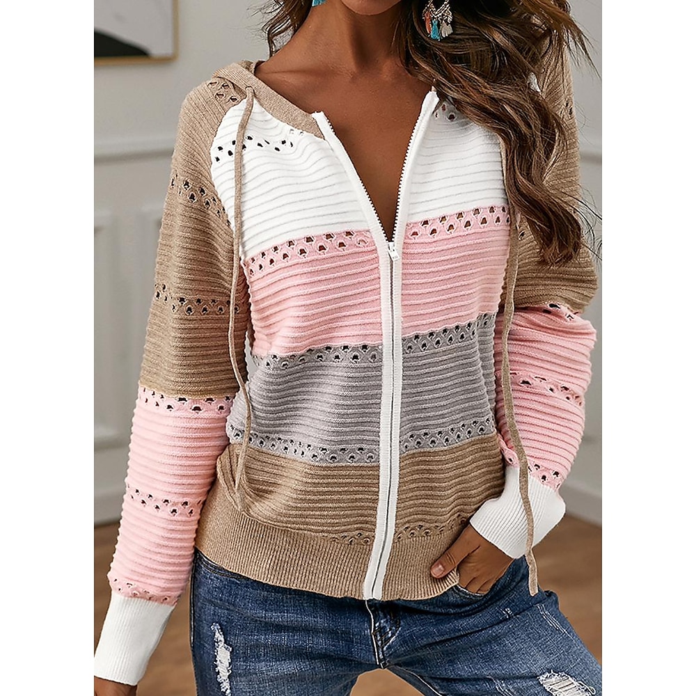 Damen Strickjacke Stilvoll Brautkleider schlicht Weich Farbblock Gerippt Mit Kapuze Patchwork Zip Mit Kapuze Langarm Stricken Outdoor Täglich Ausgehen Schwarz Rosa Frühling Herbst Lightinthebox