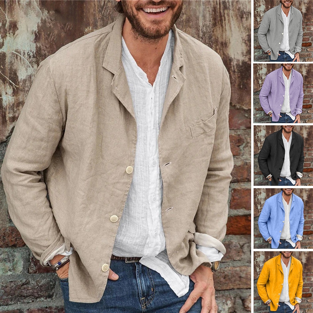 Herren Leichte Jacke Blazer-Jacke Geschäft Casual Schick Modern Frühling Herbst Baumwollmischung Feste Farbe Einreihiger Verschluss Blazer Schwarz Gelb Blau Purpur Lightinthebox