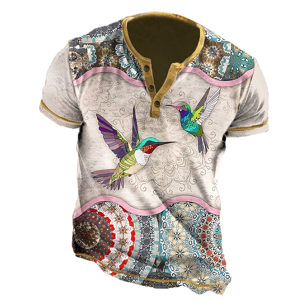 Kolibri und Mandala Herren-Grafikhemd Henley Tierbekleidung Bekleidung 3D-Druck Outdoor Alltag Kurzarm Button-Down-Designer Ethno bequem Kolibris lässig weiße Baumwolle Knopfleiste Lightinthebox