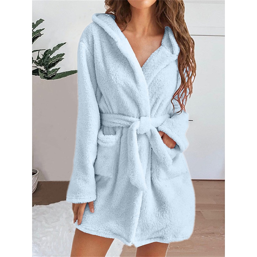 Damen Schlafanzug Morgenmantel Bademantel Einfarbig Brautkleider schlicht Komfort Weich Heim Täglich Bett Korallenvlies Korallensamt Frottee Warm Kapuzenpullover Langarm Tasche Herbst Winter Lightinthebox