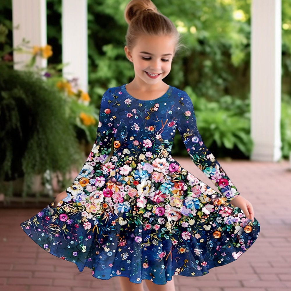 Mädchen' 3D Blumen Graphic Kleid Langarm 3D-Druck Sommer Herbst Urlaub Sport Natur Täglich Kuschelig Brautkleider schlicht Schön kinderkleidung 3-12 Jahre Casual kleid A Linie Kleid Übers Knie Lightinthebox