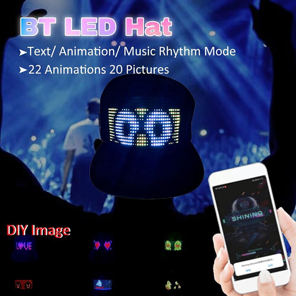 programmierbarer kreativer RGB-LED-Hut, Bluetooth, leuchtende Kappen, mobile App-Steuerung, Bearbeitung von Wörtern, Hip-Hop, elektronische Requisite für Halloween Lightinthebox