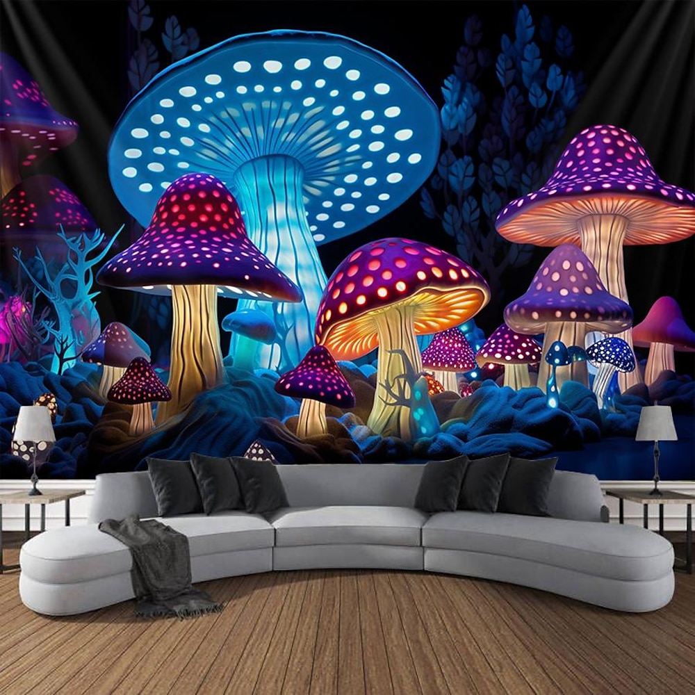 Pilz Fantasy Schwarzlicht Wandteppich Glow in the Dark Glow Party UV reaktiv trippig neblige Natur Landschaft Hängender Wandteppich Wandbild für Wohnzimmer Schlafzimmer Lightinthebox