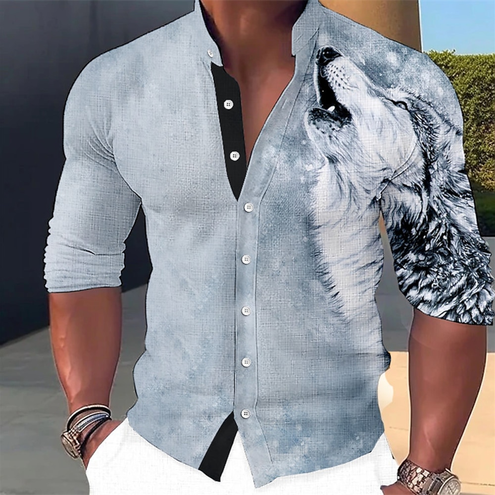 Herren Tier Wolf Hemd Langarm Modisch Strassenmode Designer Outdoor Casual Täglich Sommer Frühling Herbst Ständer Bedruckt Blau Purpur Grün Khaki Grau Lightinthebox