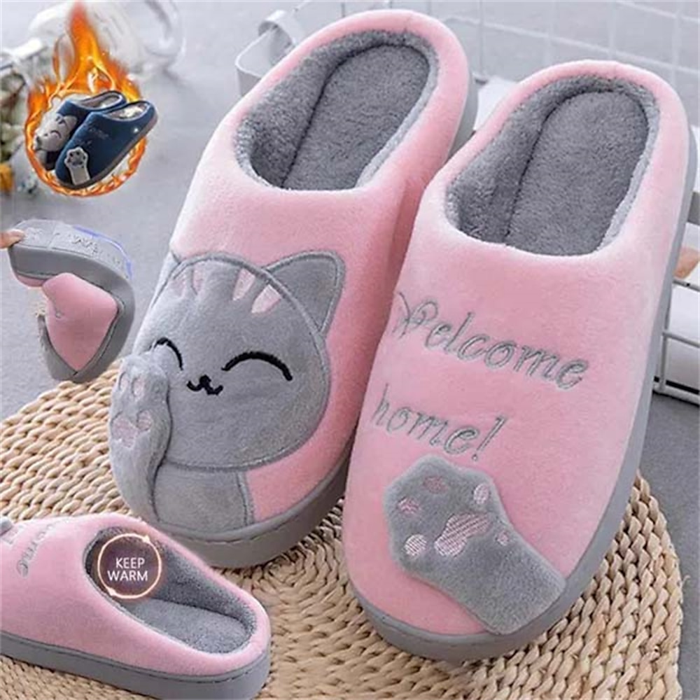 Damen Hausschuhe Slippers Fuzzy Slipper Hausschuhe Warme Hausschuhe Heim Karikatur Katze Flacher Absatz Runde Zehe Modisch Kuschelig Plüsch Satin Rosa und Grau Schwarz Grau Lightinthebox