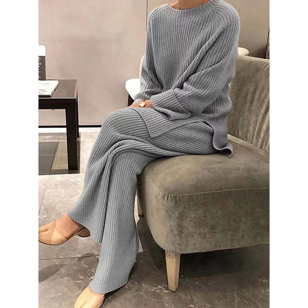 Damen-Lounge-Sets aus Strick in Übergröße für Zuhause, Party, Straße, Alltag, Basic, reine Farbe, schlicht, weich, Sportpullover, Hose für den Alltag, Herbst/Winter, Rundhalsausschnitt, langärmelige Lightinthebox