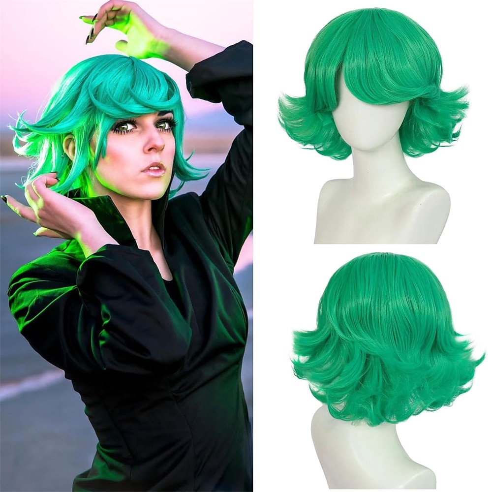 grüne Flip-Perücke für Mädchen, Tatsumaki-Perücke, kurze, flauschige Bob-Perücke, grüne Cosplay-Perücke für Damen, synthetische Karnevalskostüm-Perücke Lightinthebox