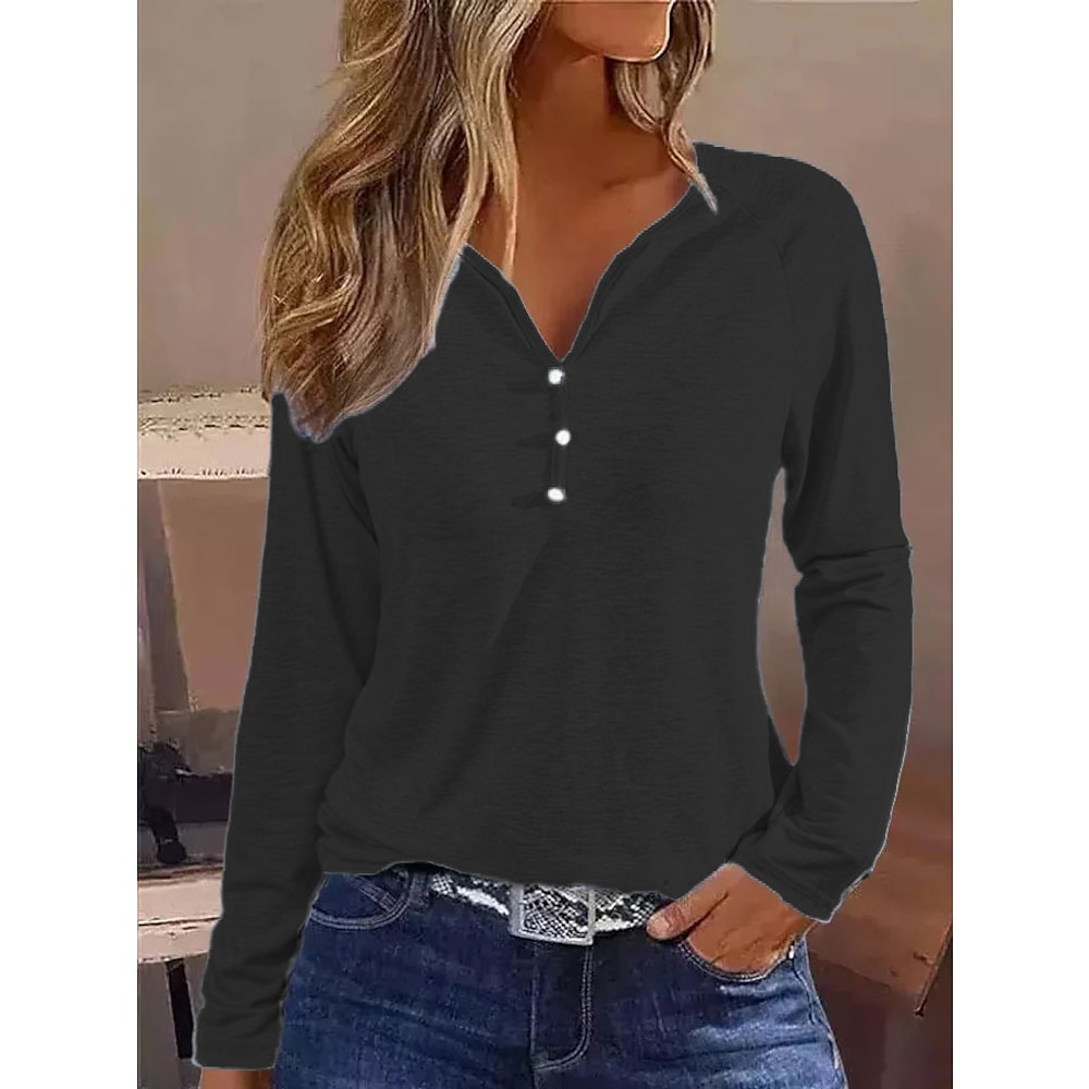 Damen T Shirt Henley Shirt Feste Farbe Taste Täglich Basic Langarm Gekerbter Hals Schwarz Herbst Winter Lightinthebox