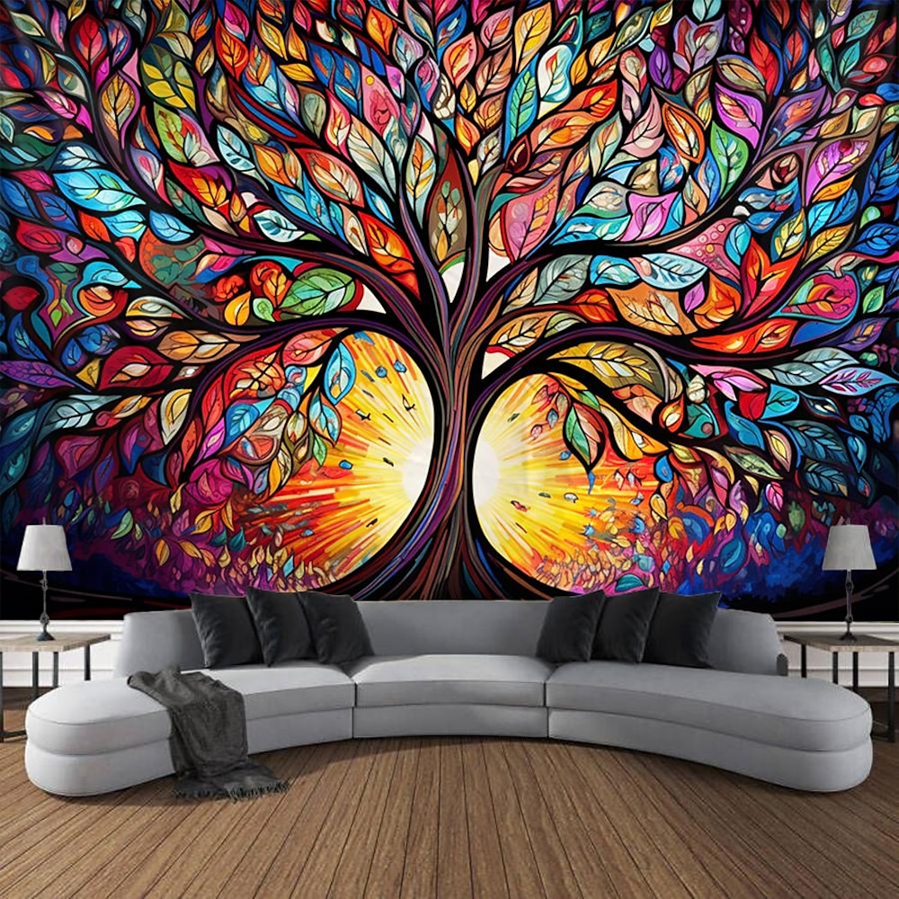 Baum des Lebens hängender Wandteppich Buntglas bunte Wandkunst großer Wandteppich Wanddekor Fotografie Hintergrund Decke Vorhang Zuhause Schlafzimmer Wohnzimmer Dekoration Lightinthebox