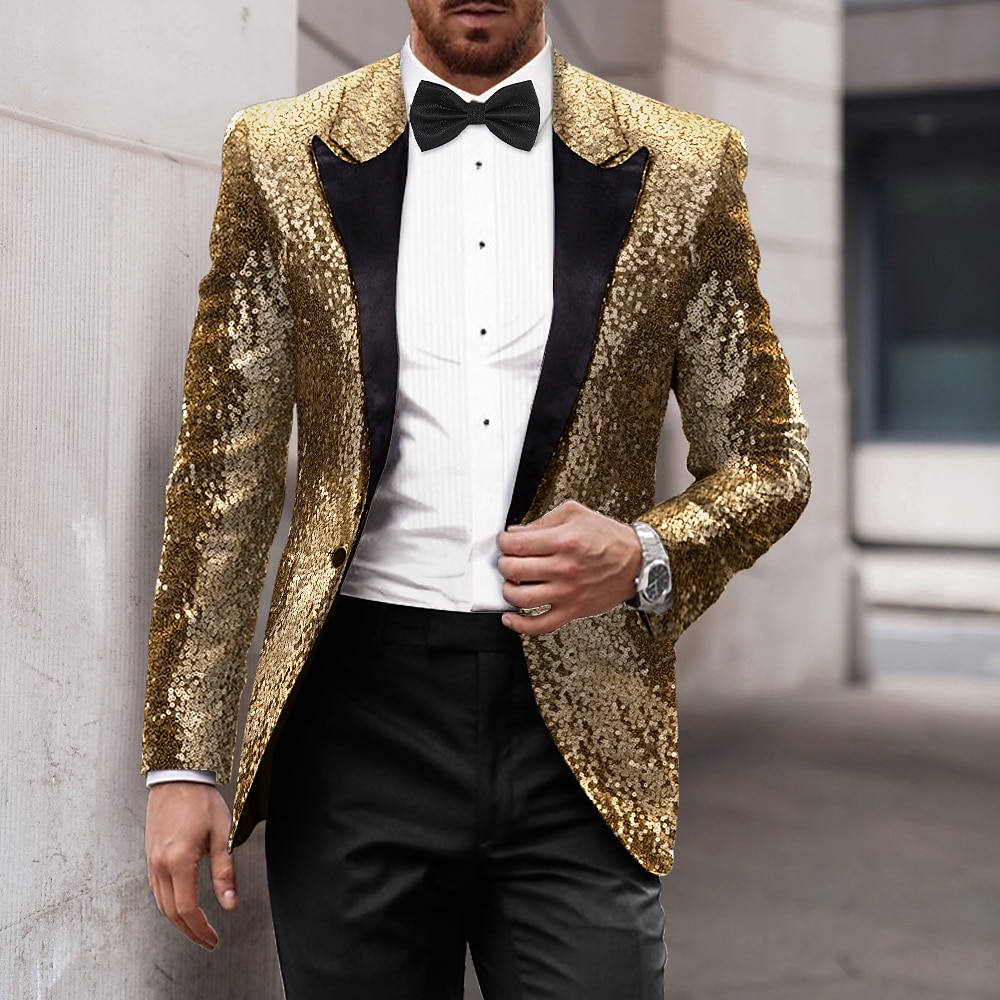 Herren Party Pailletten Blazer 70er Jahre Disco Retro Freizeitjacke regulär einfarbig einreihig Einknopf schwarz gold silber rot blau Lightinthebox