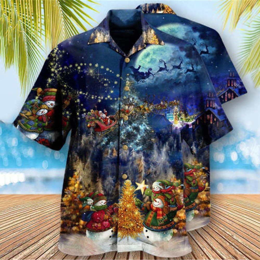 Weihnachten Herren Weihnachtsszene bedruckte Hemden Grafik Weihnachtsmann Turndown Seeblau Marineblau Schwarz Rosa Marineblau Königsblau Straße Casual Kurzarm 3D Button-Down Kleidung Bekleidung Mode Lightinthebox