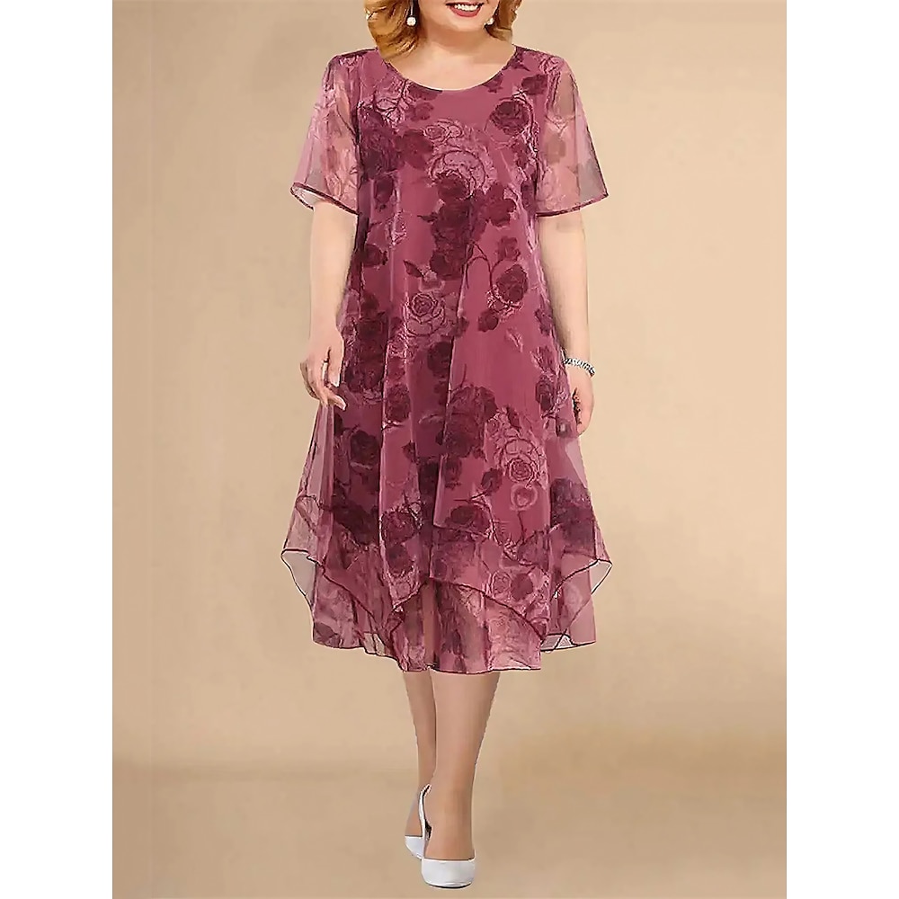 Damen Übergröße abendkleider Cocktailkleid Kleid für Hochzeitsgäste Chiffon Gitter Layer-Look Rundhalsausschnitt Kurzarm Blumen Midikleid kleid hochzeitsgast Cocktailparty Wein Blau Sommer Frühling Lightinthebox