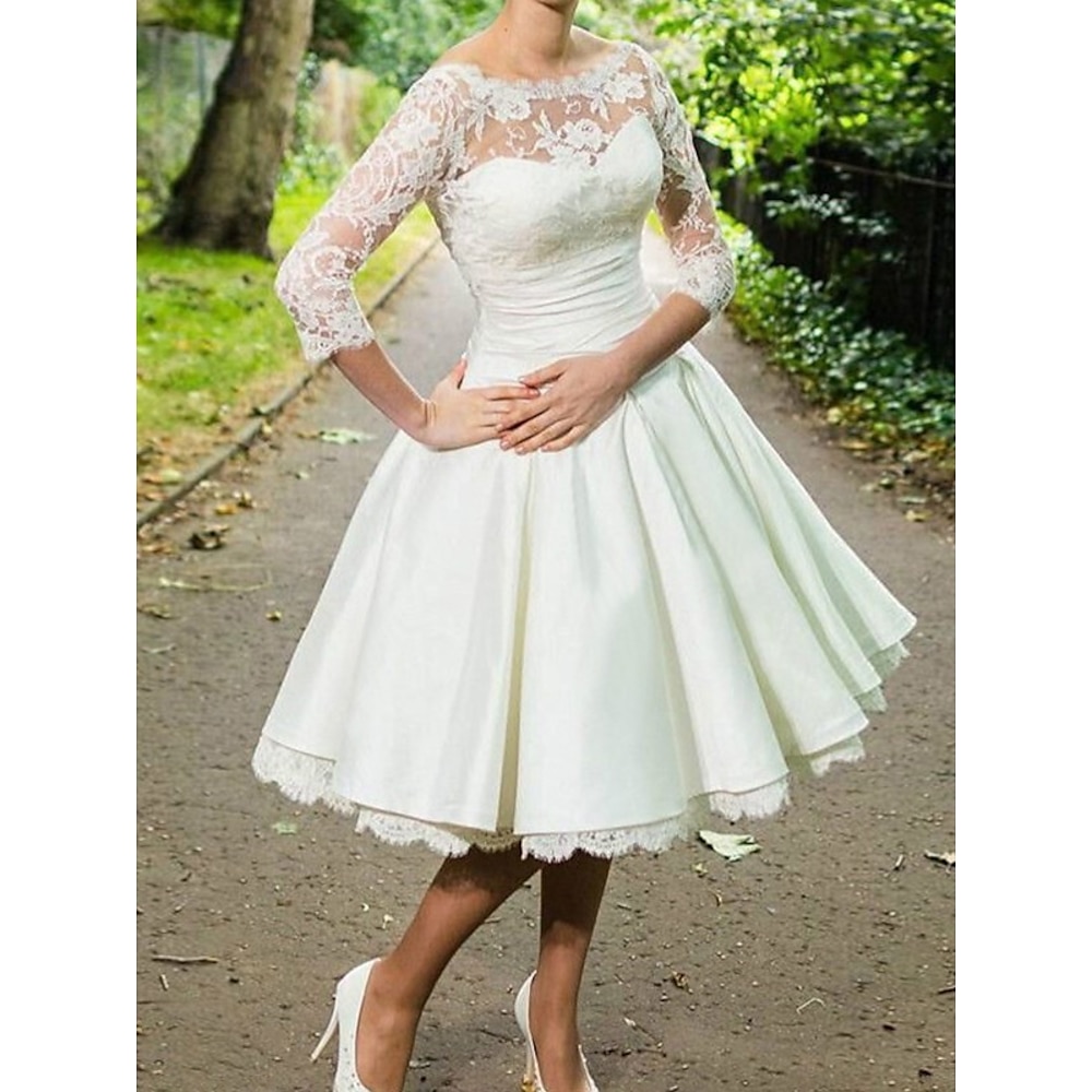 TS A-Linie Cocktailkleider 1950er Jahre Kleid Hochzeit Hochzeitsgast Knielang 3/4 Ärmel Rundhals Herbst Hochzeitsempfang Satin mit gerafften Applikationen 2025 Lightinthebox