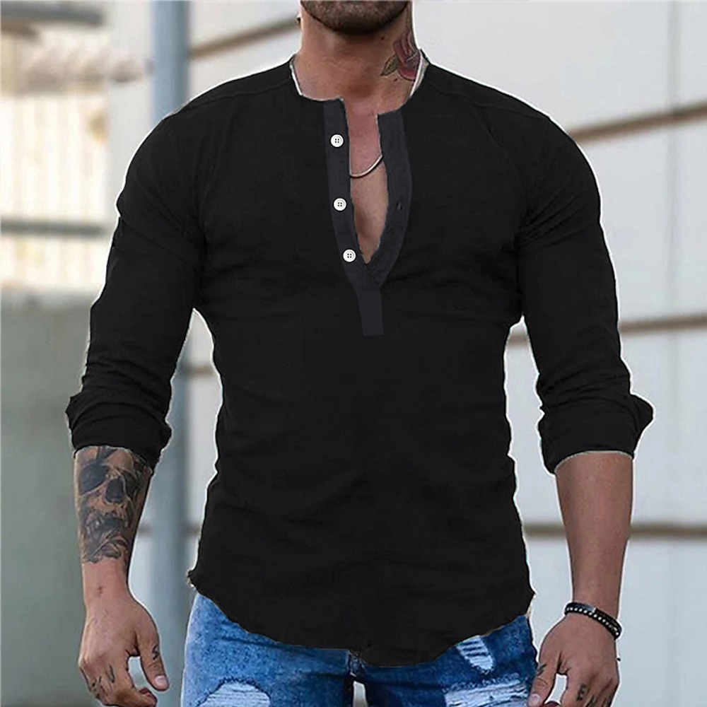 Herren Hemd leinenhemd Hemd aus Baumwollleinen Sommerhemd langarmshirt Glatt Strasse Sport Schwarz Rote Grün Langarm Henley Frühling Herbst Bekleidung Button-Down Lightinthebox