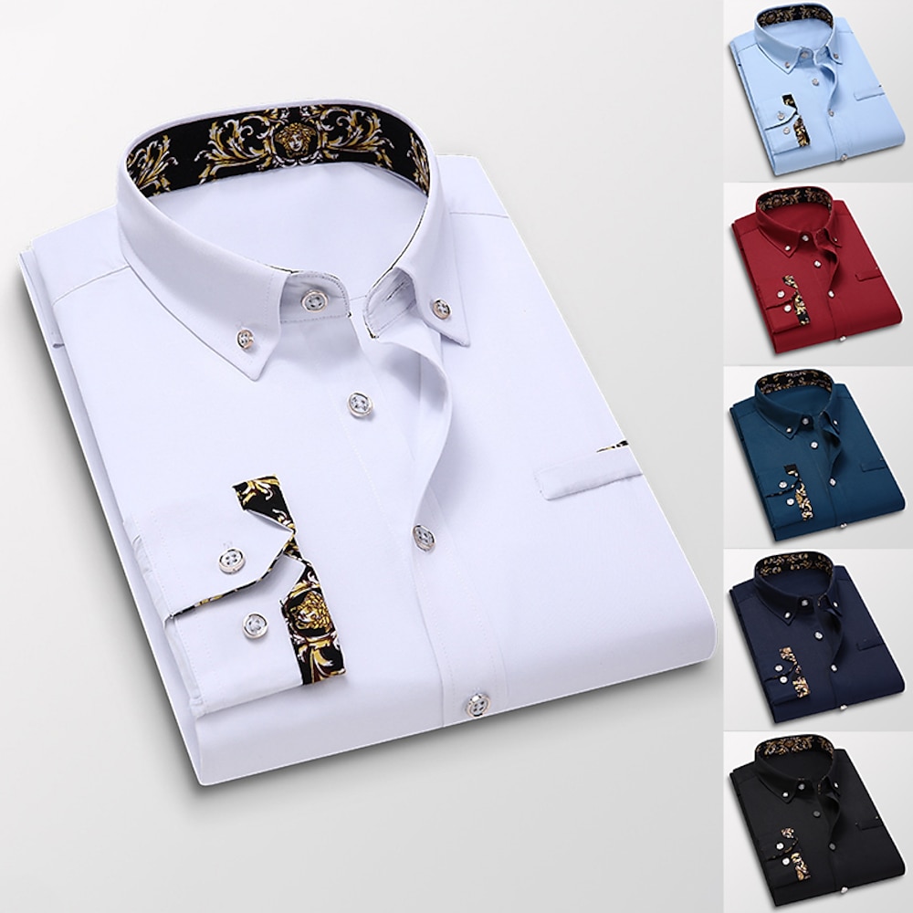 Herren Oberhemd Hemd Kragenhemd Wein Schwarz Weiß Marineblau Langarm Blumen Umlegekragen Frühling Herbst Hochzeit Arbeit Bekleidung Button-Down Lightinthebox