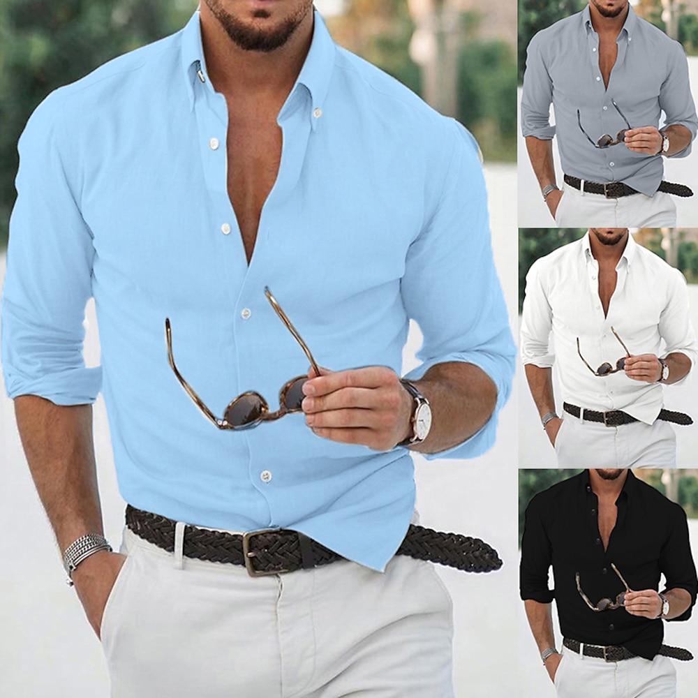 Herren Hemd Sommerhemd Strandbekleidung Knopfhemd Schwarz Weiß Blau Grau Langarm Feste Farbe Glatt Umlegekragen Outdoor Strasse Button-Down Bekleidung Baumwolle und Leinen Modisch Brautkleider Lightinthebox