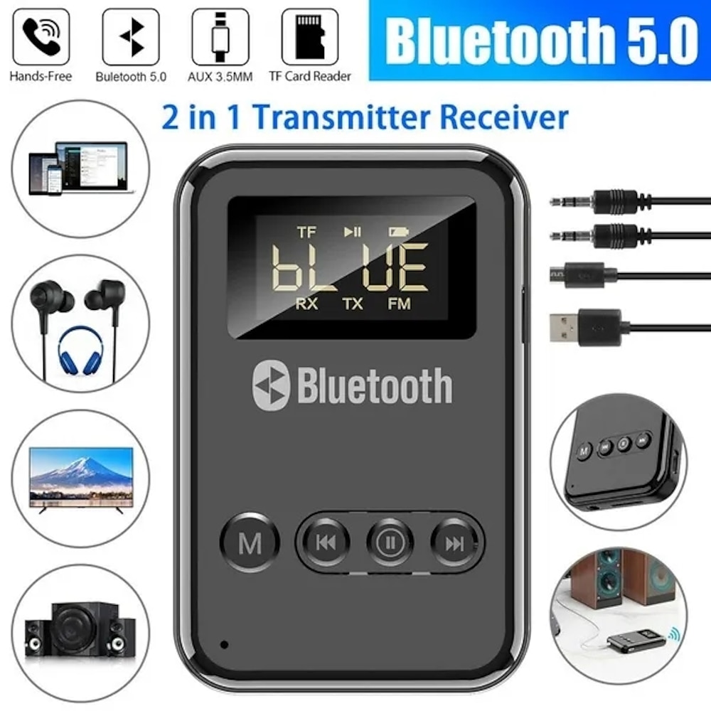 9 in 1 Bluetooth 5.0 Audiosender Empfänger Stereo Musik Wireless Adapter 3,5 mm Aux-Buchse FM-Transmitter für Auto-TV MP3-PC Lightinthebox