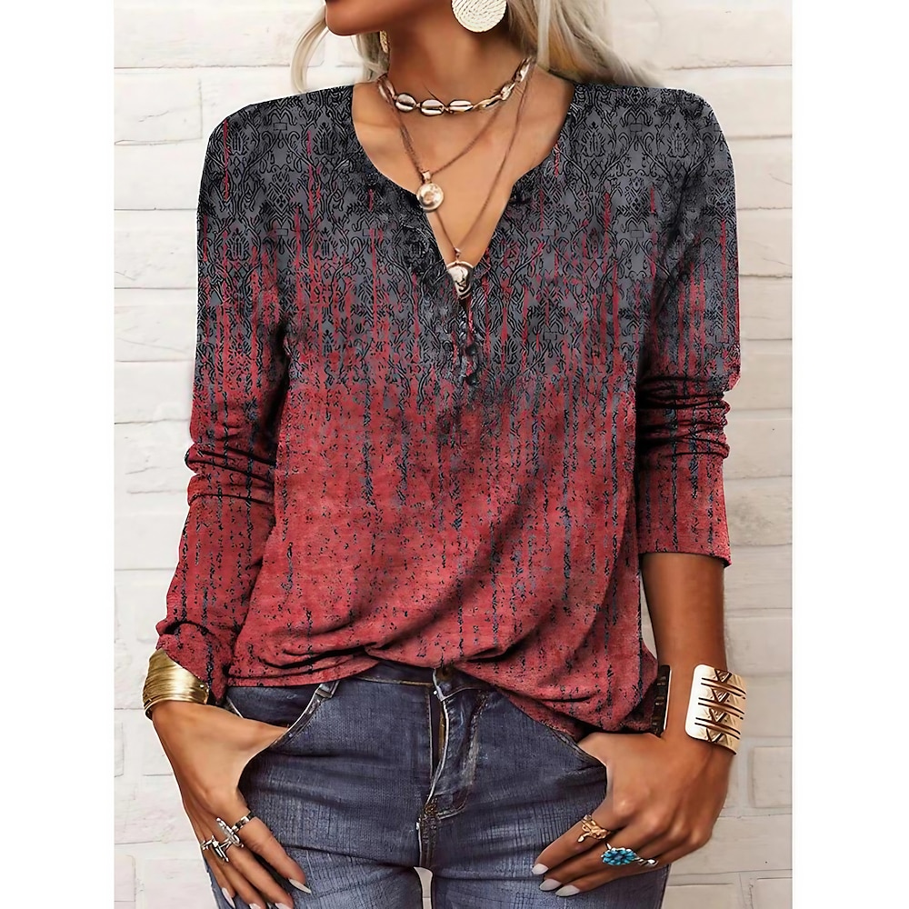 Damen Übergröße Hemd Henley Shirt Bluse Paisley-Muster Taste Bedruckt Täglich Brautkleider schlicht Langarm V Ausschnitt Schwarz Herbst Winter Lightinthebox