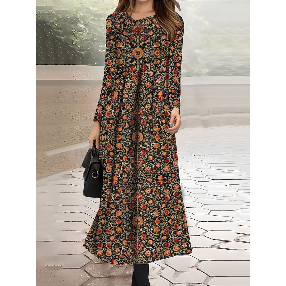 Damen Winterkleid Blumen Farbblock gerüscht Patchwork Rundhalsausschnitt langes Kleid Maxikleid Vintage Ethno Alltag Urlaub Langarm Herbst Winter Lightinthebox