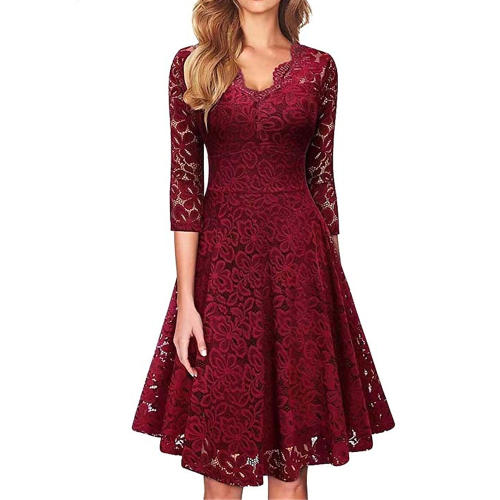 Damen Spitzenkleid V-Ausschnitt Fit-and-Flare Dreiviertelärmel Burgunder Blumenmuster Cocktailparty elegant atmungsaktiv bequem läuft nicht ein verblasst nicht verschiedene Größen Frühling Herbst Lightinthebox