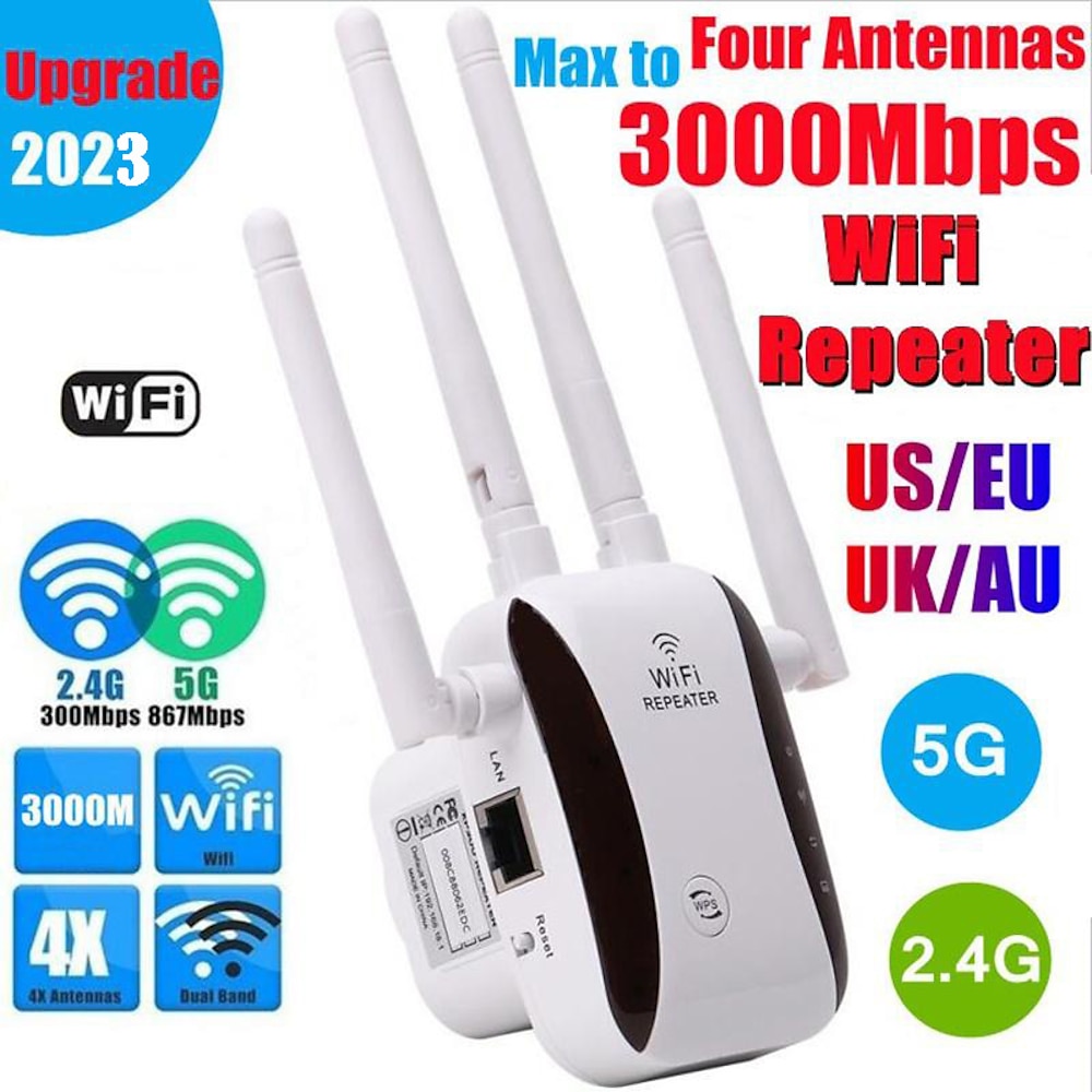 Drahtloser WLAN-Repeater Dual-Band 2,4 g/5 g WLAN-Extender 3000/2000/1200/300 Mbit/s Router WLAN-Signalverstärker WLAN-Booster WLAN-Repeater mit großer Reichweite Lightinthebox