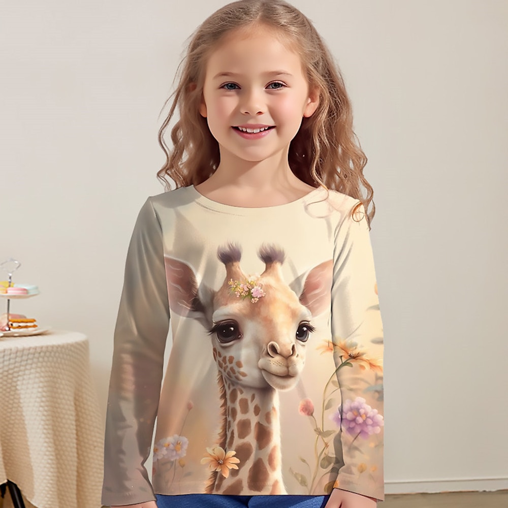 Mädchen 3D Graphic Tier Giraffe T-Shirt Langarm 3D-Druck Sommer Herbst Aktiv Modisch Kuschelig kinderkleidung 3-12 Jahre Outdoor Casual Täglich Regular Fit Lightinthebox