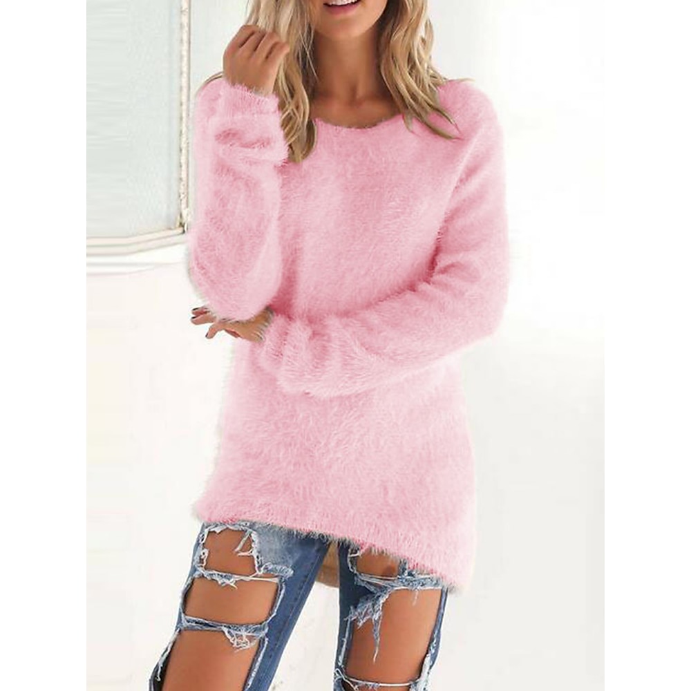 Damen Pullover Rundhalsausschnitt Plüsch Stricken Baumwolle überdimensional Herbst Winter Lang Outdoor Täglich Ausgehen Stilvoll Brautkleider schlicht Weich Langarm Feste Farbe Meerblau Armeegrün Lightinthebox