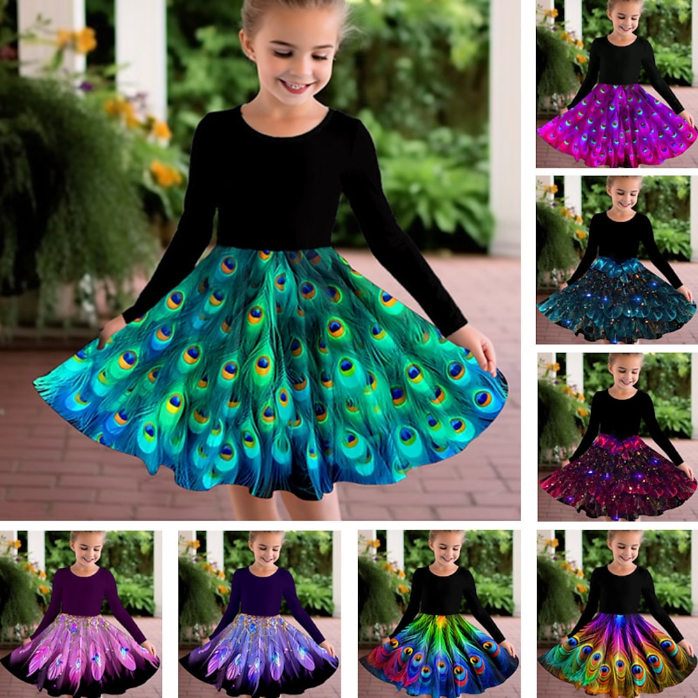 Mädchen' 3D Graphic Kleid Langarm 3D-Druck Sommer Herbst Sport Natur Täglich Festtage Kuschelig Brautkleider schlicht Schön kinderkleidung 3-12 Jahre Casual kleid A Linie Kleid Übers Knie Polyester Lightinthebox